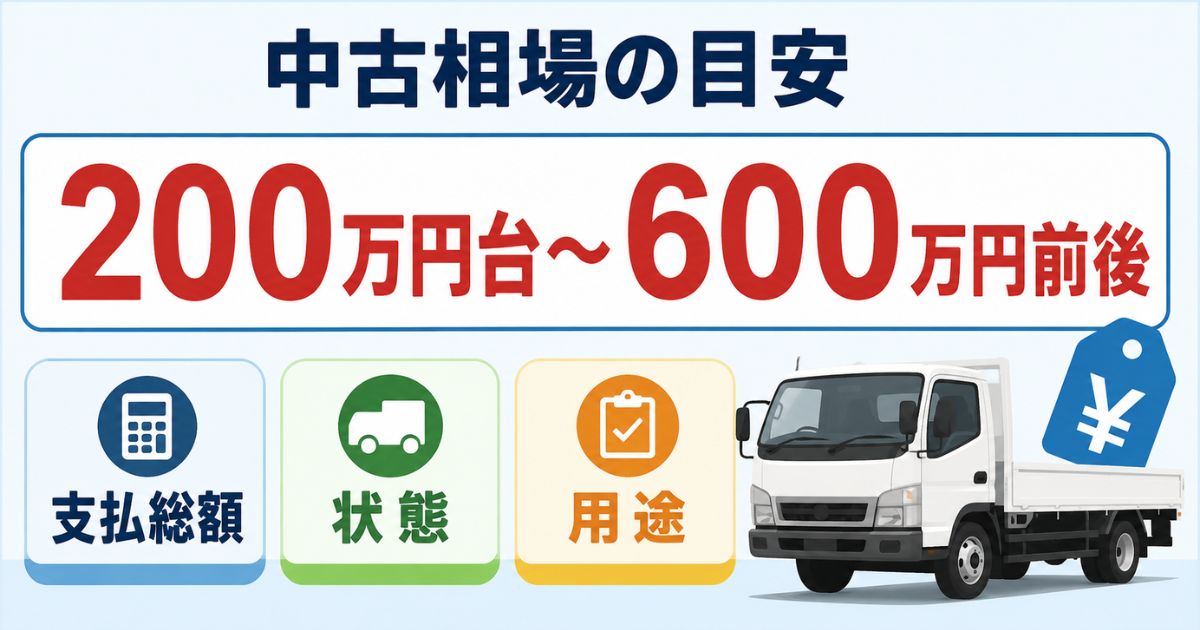 3トントラック中古の相場目安が200万円台から600万円前後まで幅があることを示す図解