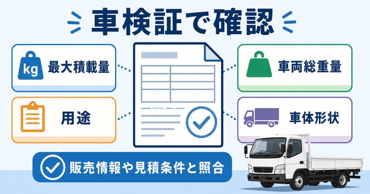 中古3トントラック購入前に車検証で最大積載量・車両総重量・用途・車体形状を確認する図解
