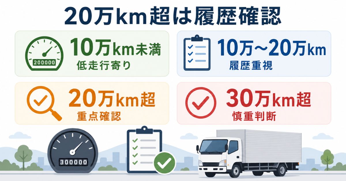 3トントラック中古の走行距離を10万km・20万km・30万kmで確認する目安図