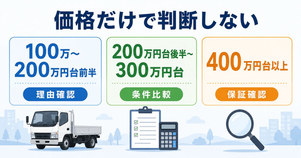 3トントラック中古激安の価格帯を100万円台から400万円台以上まで比較する図解