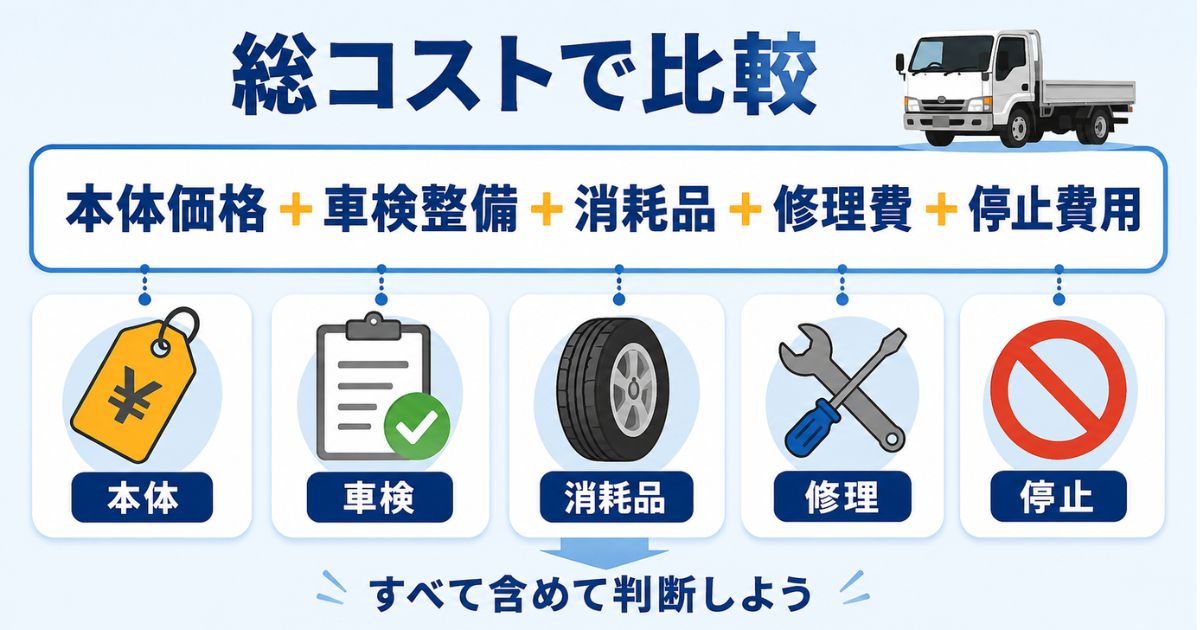 3トントラック中古激安を本体価格だけでなく車検整備・消耗品・修理費・停止費用で比較する図解