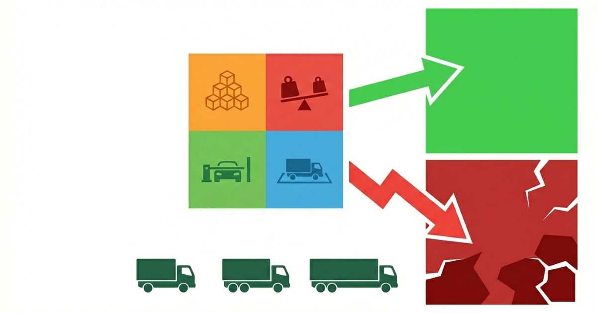 3トントラックのサイズ選びで失敗しない判断軸を文字なし図解で示したイメージ