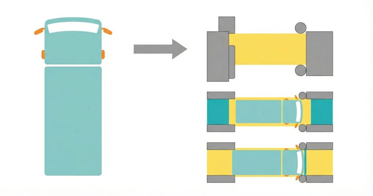 車両の全幅と張り出しを現場の有効幅・最狭部と照合して判断する考え方を示す図解