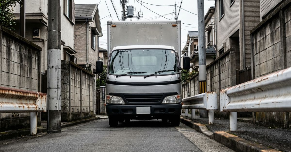 3トントラックが狭い路地に進入する場面で、車幅と周囲障害物の距離感が分かる写真