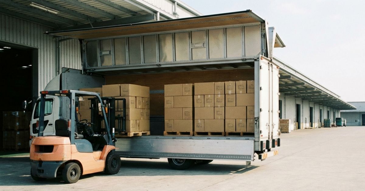 3トントラックのウイング車が側面を開いてパレット荷役している様子が分かる現場写真