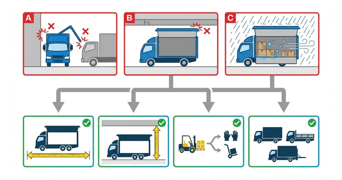 ウイング車で起きやすい失敗例と回避分岐を示す文字なし図解