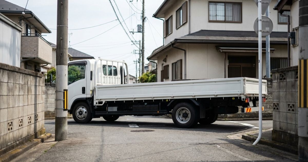3トントラックが狭い現場入口に進入する様子（全長のサイズ感が分かる）