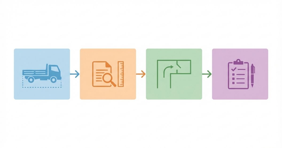 3トントラック全長の判断手順を示す図解（一次情報で確定して照合する流れ）