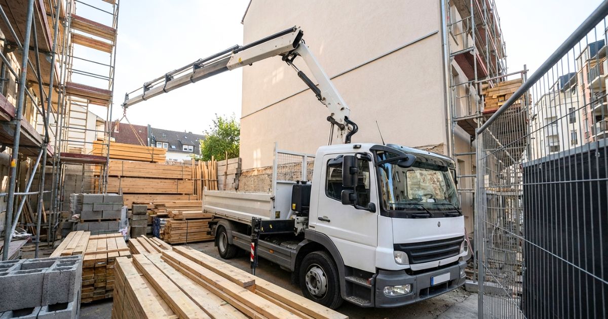 3tユニックのブームを伸ばして作業範囲を確認している現場イメージ