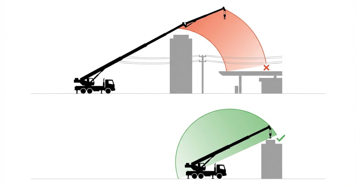 ブーム段数だけで判断すると作業が成立しないケースを示す図解