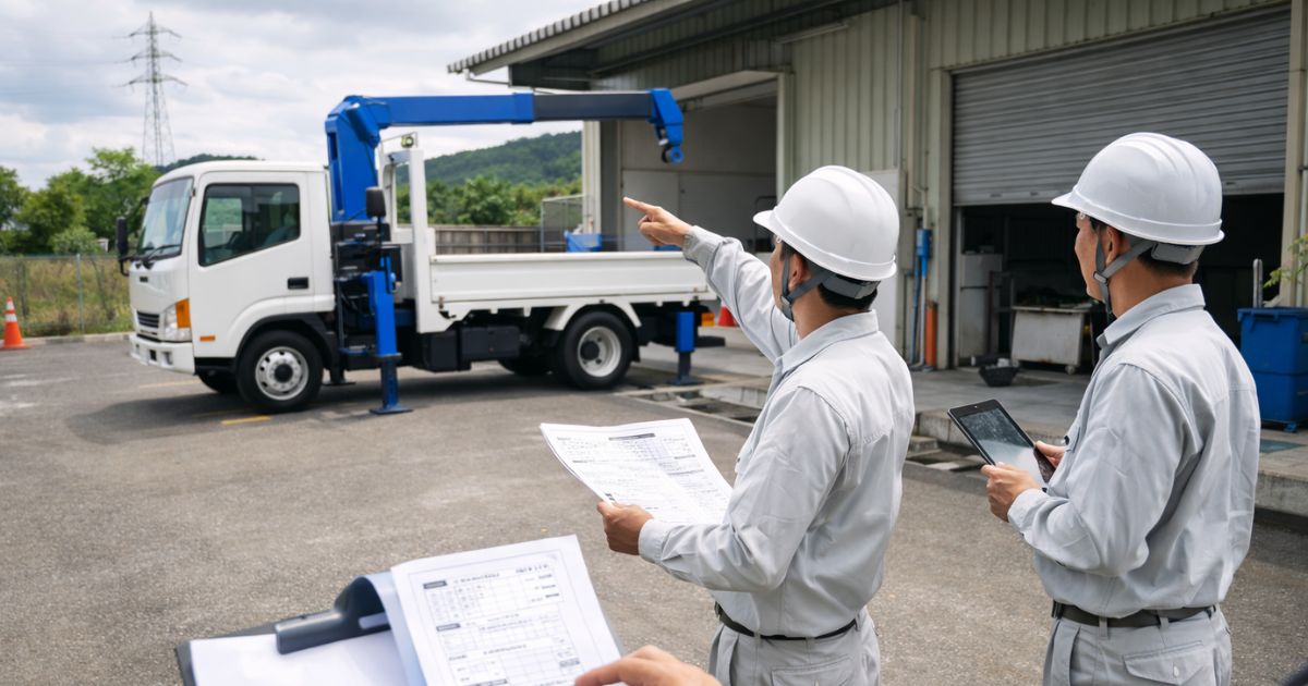 中古3tユニック購入前に現場条件と書類を確認する実務風景