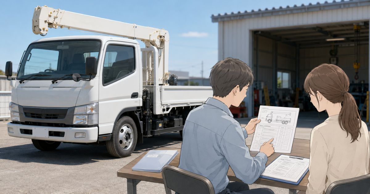中古3tユニック購入前に実車と書類を確認している写真風の場面
