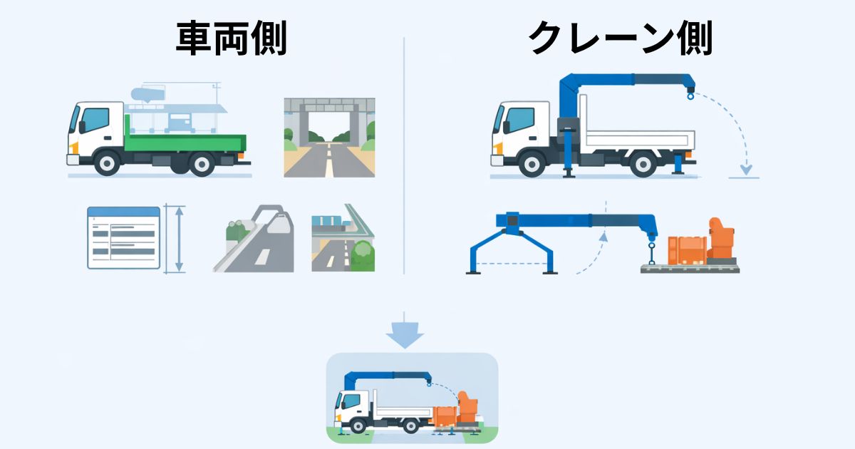 中古3tユニックの車両条件とクレーン条件を分けて見る比較図