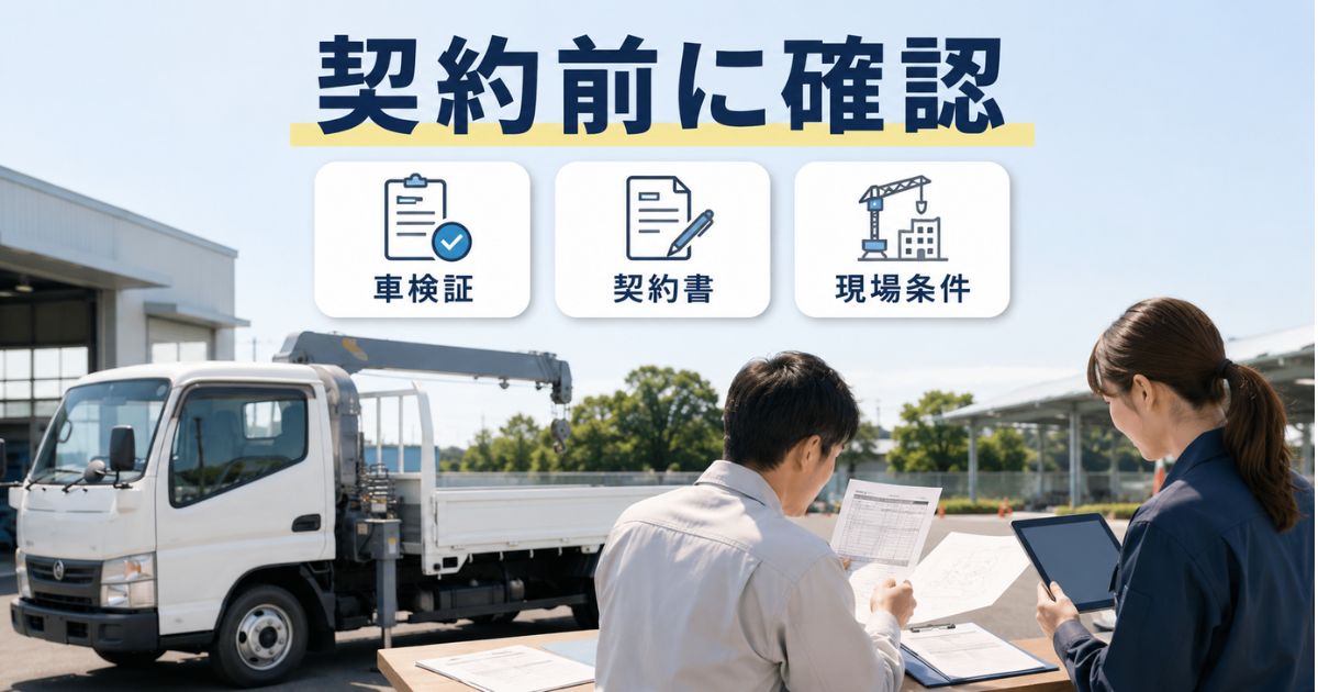 3tユニックのリース契約前に車検証や契約書や現場条件を確認する場面