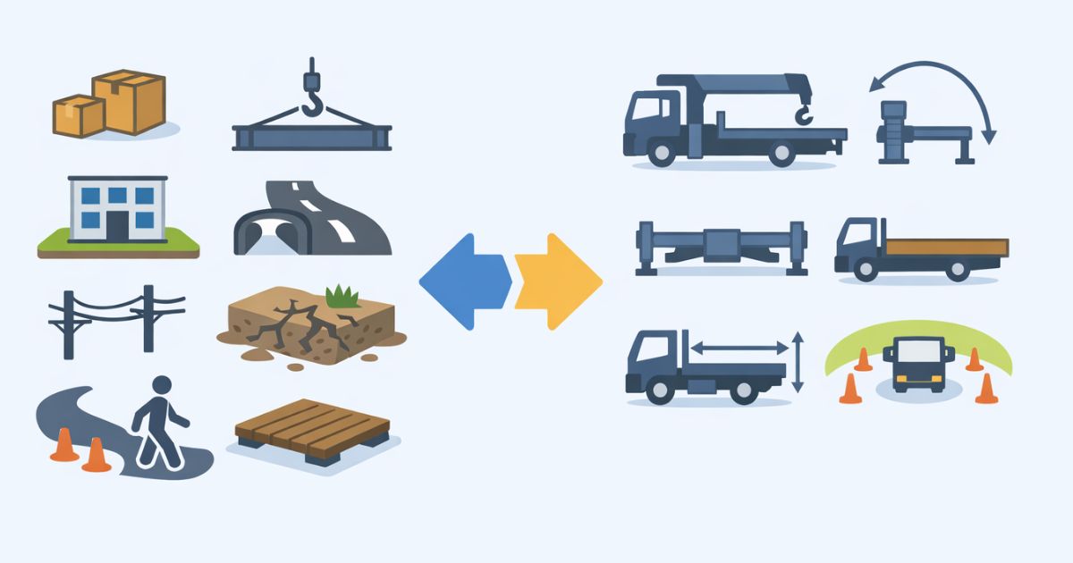 3tユニックの現場要件と車両仕様の対応関係を整理した図解