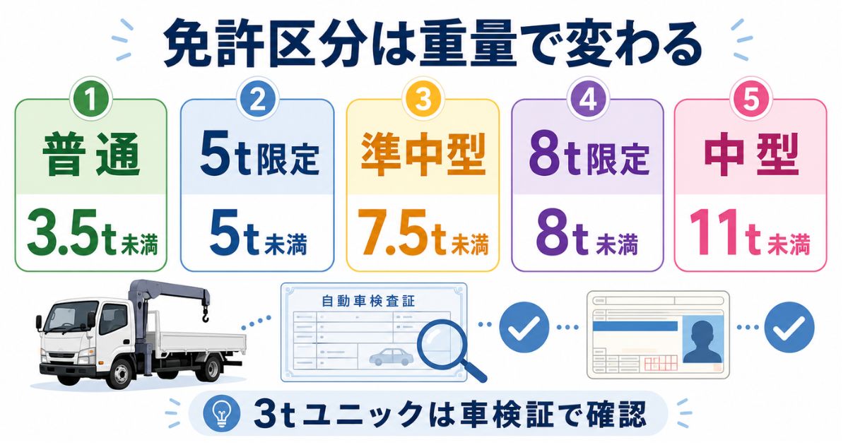 3tユニックに必要な普通免許・準中型免許・中型免許の境界を示す図解