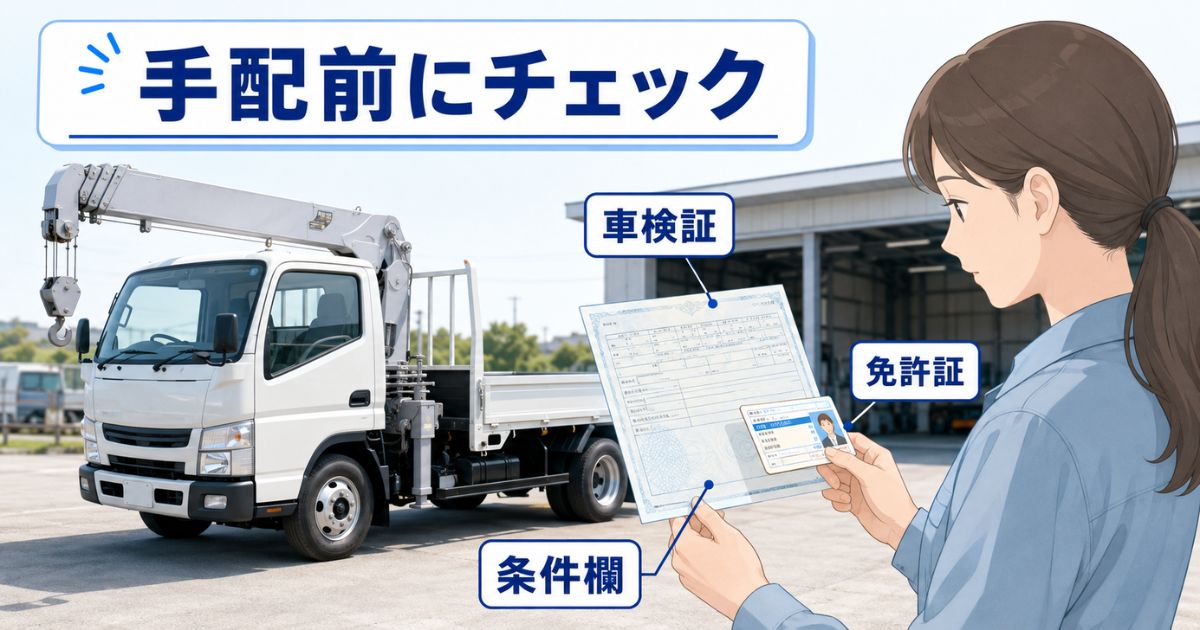3tユニックのレンタルや購入前に車検証と免許証を確認している様子