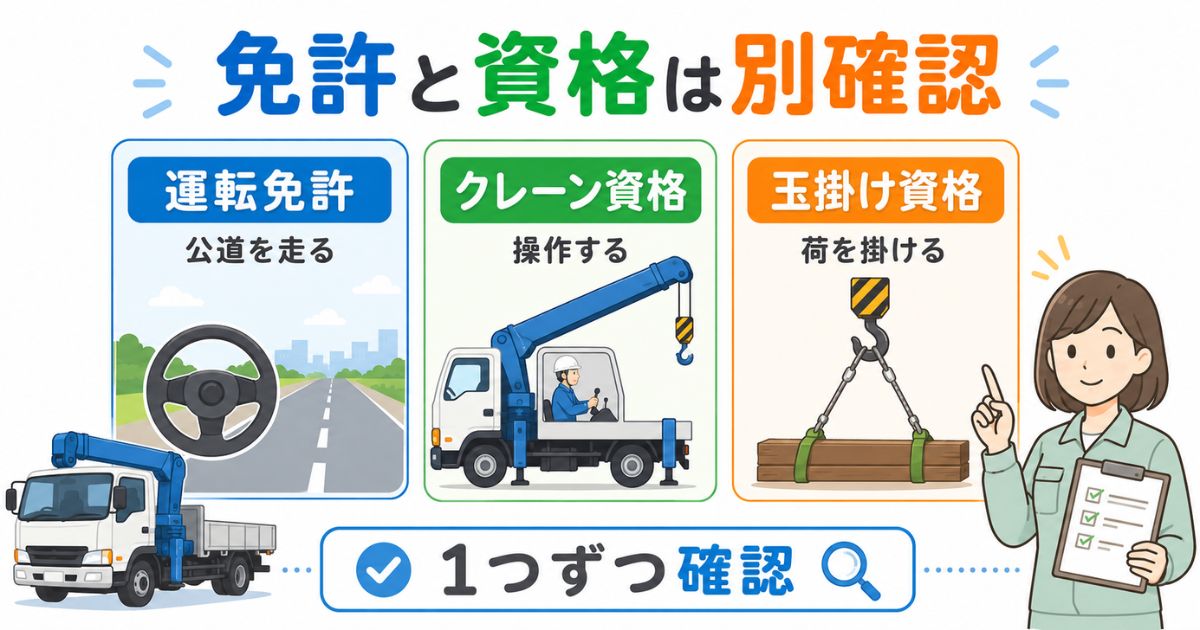 3tユニックの運転免許とクレーン操作資格と玉掛け資格の違いを示す図解