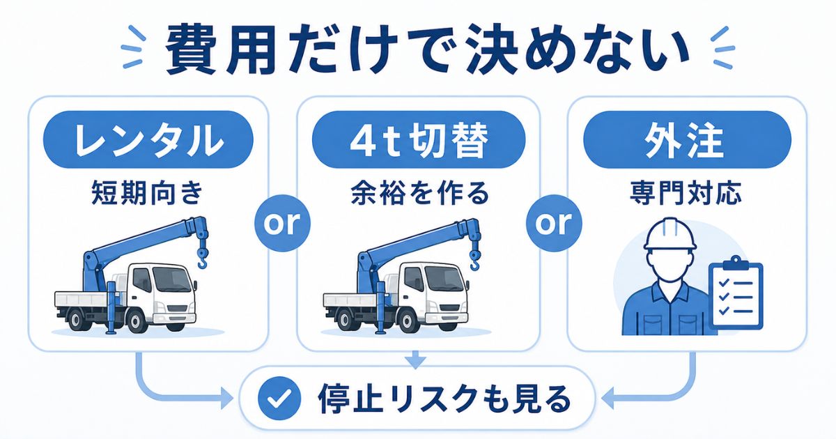 3tユニックを費用だけで決めずレンタル・4t切替・外注を比較する図解