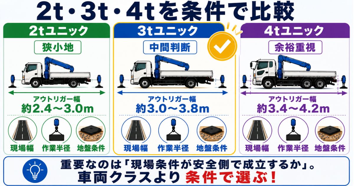 2t・3t・4tユニックのアウトリガー判断の違いを比較する図解