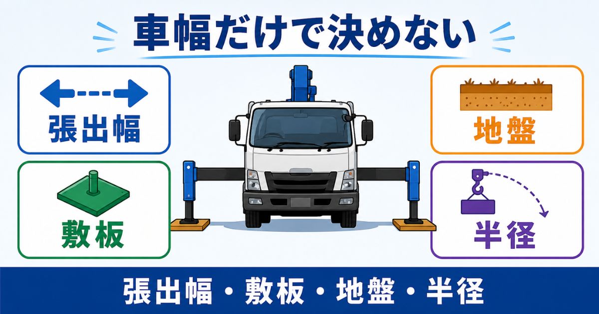 3tユニックの設置判断で車幅だけでなくアウトリガーや地盤や作業半径を確認する図解