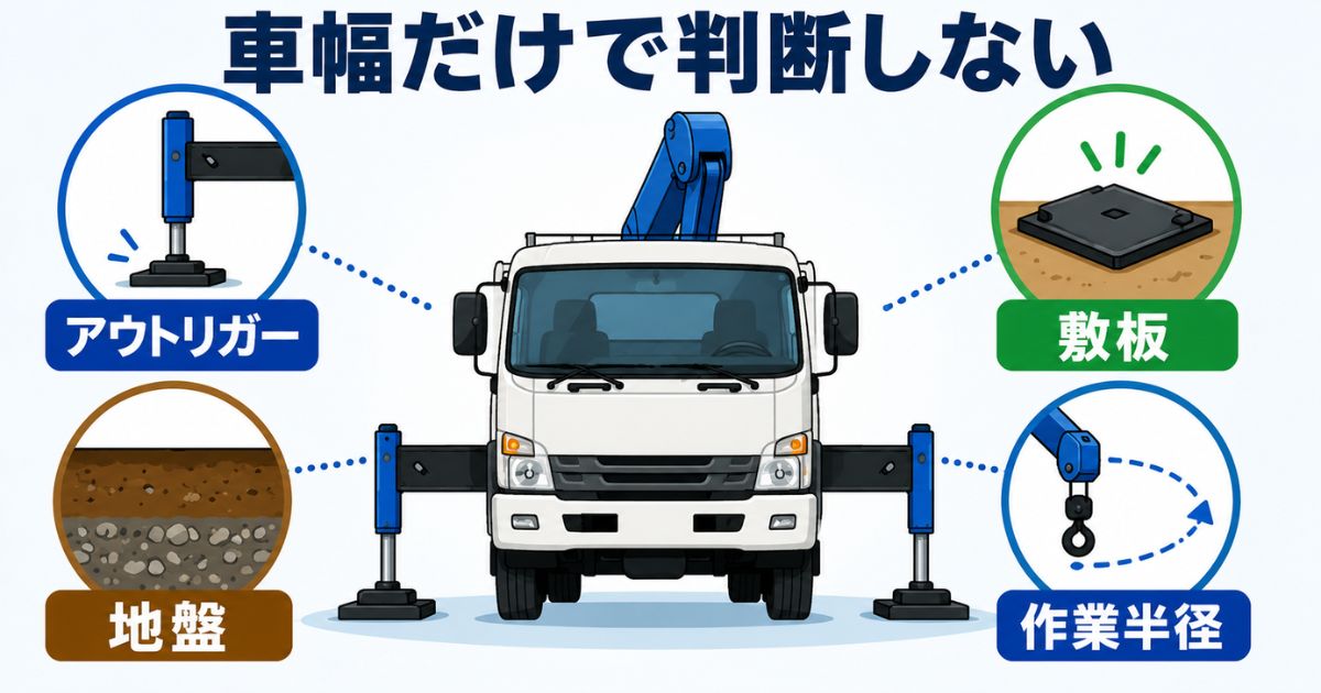 3tユニックの設置判断で車幅だけでなくアウトリガーや地盤も確認する図解