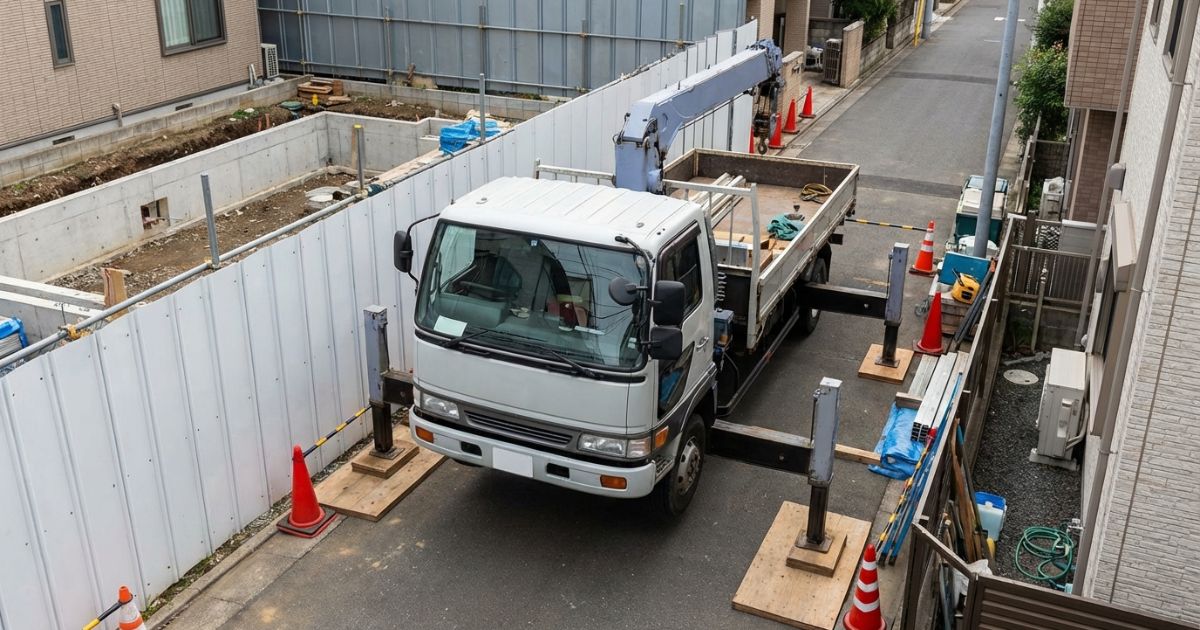 3tユニックがアウトリガーを張り出して設置準備している現場の様子