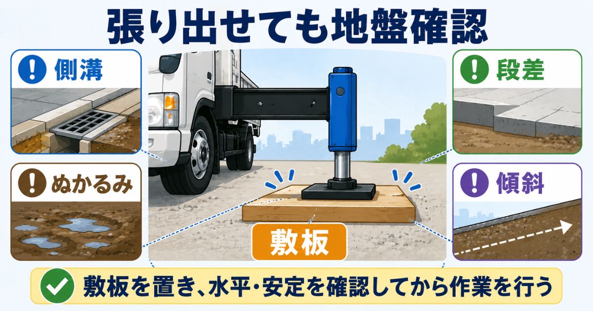 3tユニックのアウトリガー設置で地盤と敷板と傾斜を確認する図解