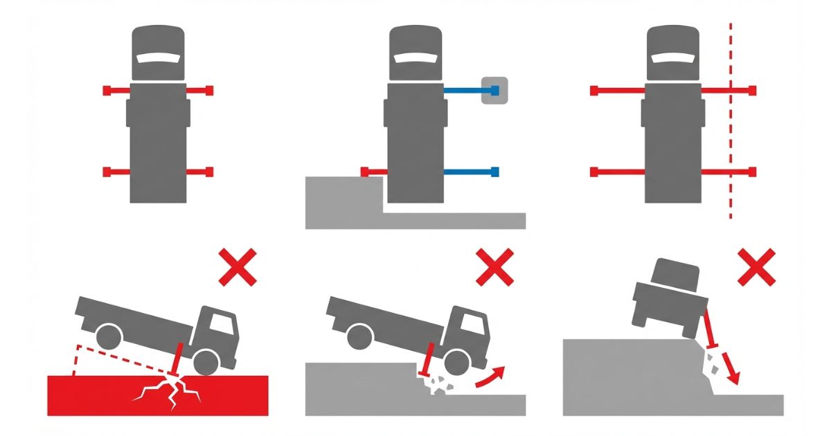 3tユニックのアウトリガー設置で起きやすい失敗例を示す図解