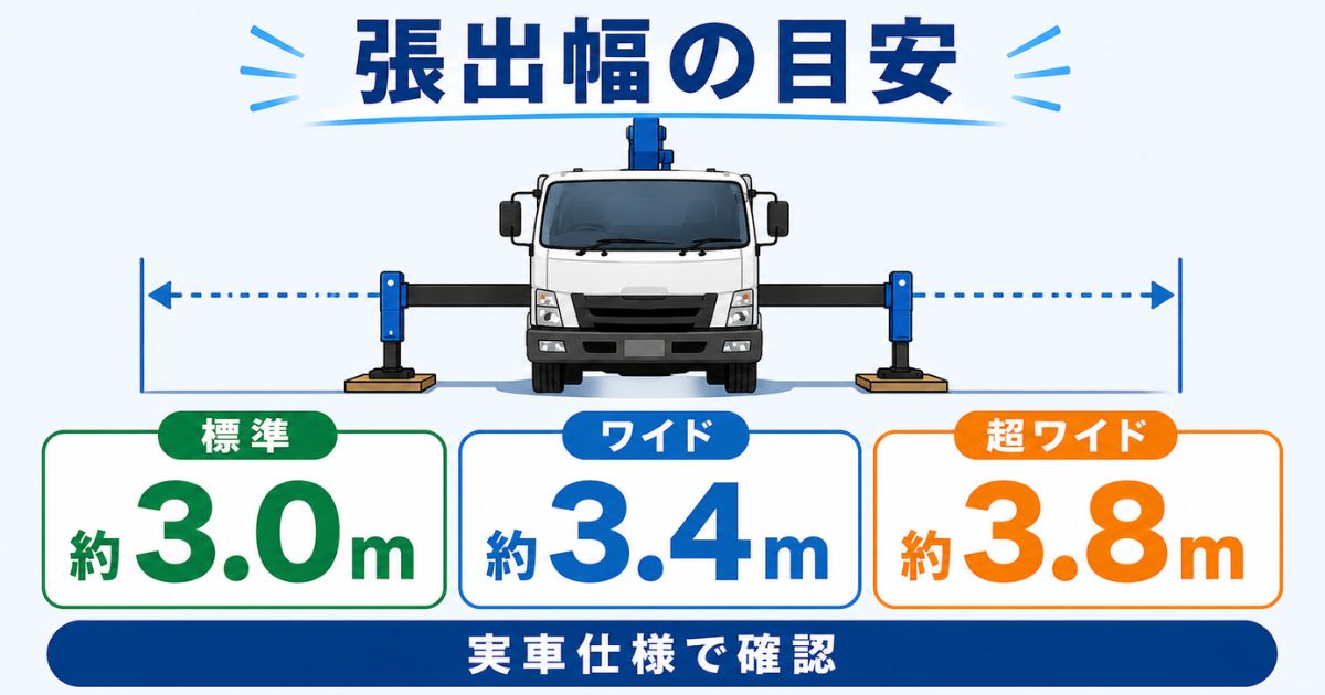 3tユニックのアウトリガー張り出し幅の目安を約3.0mから約3.8mで整理した図解