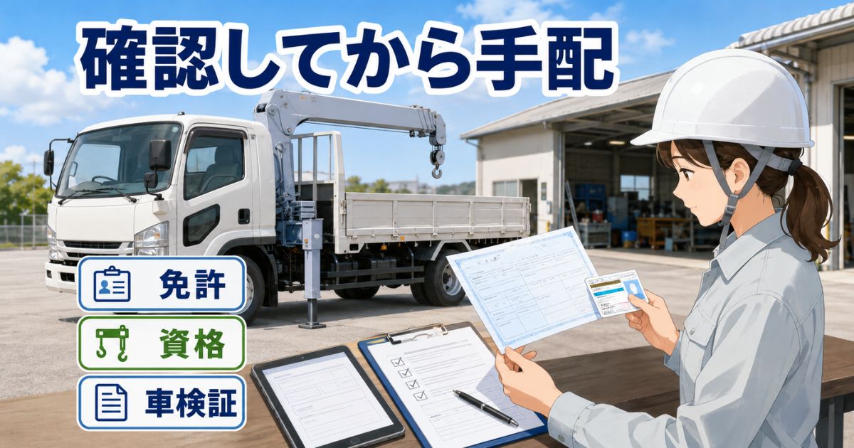 3tユニック手配前に免許・資格・車検証を確認している現場イメージ