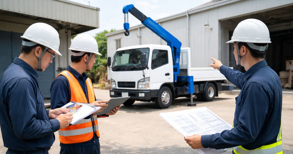 3tユニック手配前に資格と現場条件を確認している実務現場の写真