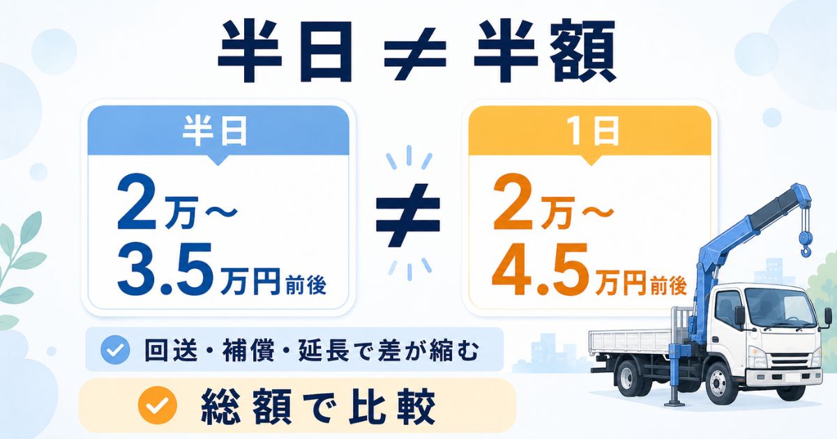 3tユニックの半日利用は1日料金の半額とは限らず総額比較が必要なことを示す図解