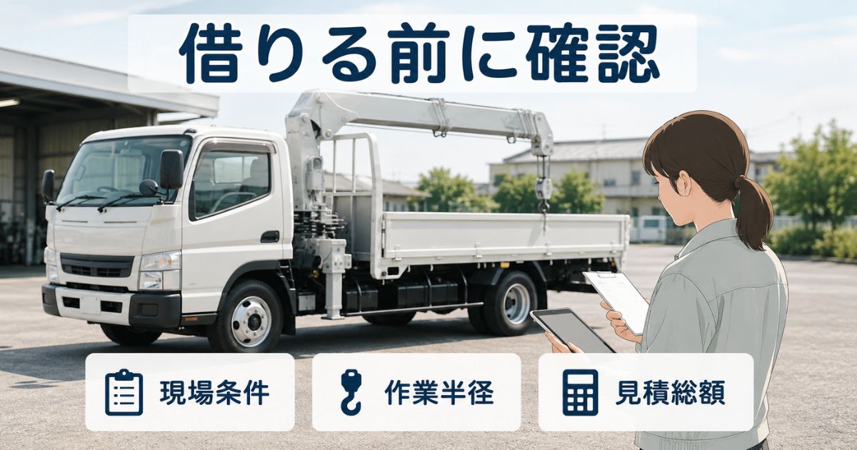 3tユニックをレンタルする前に現場条件と作業半径と見積総額を確認する場面