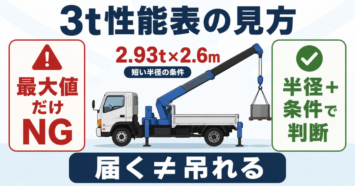 3tユニックの性能表は最大値だけでなく作業半径と条件をそろえて判断することを示す図解