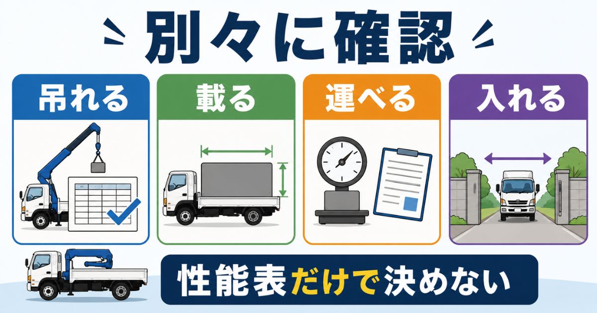 3tユニックの作業可否は吊れる載る運べる入れるを別々に確認する必要があることを示す図解