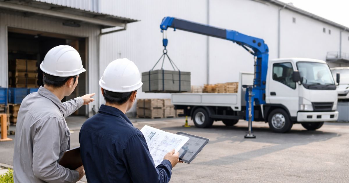 3tユニックの手配前に現場条件を確認している様子