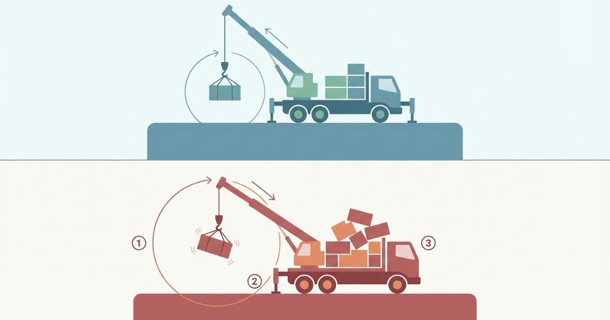 作業半径見落としや設置不成立など失敗パターンを示す図解