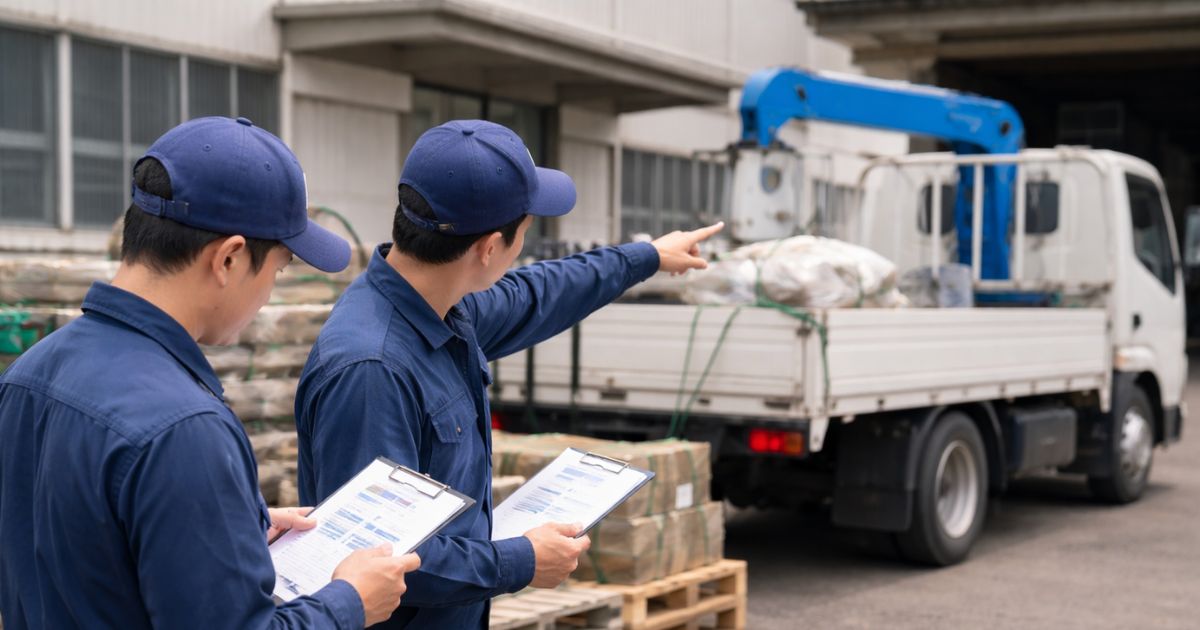 3tユニック作業前に資料と荷物を確認している現場イメージ