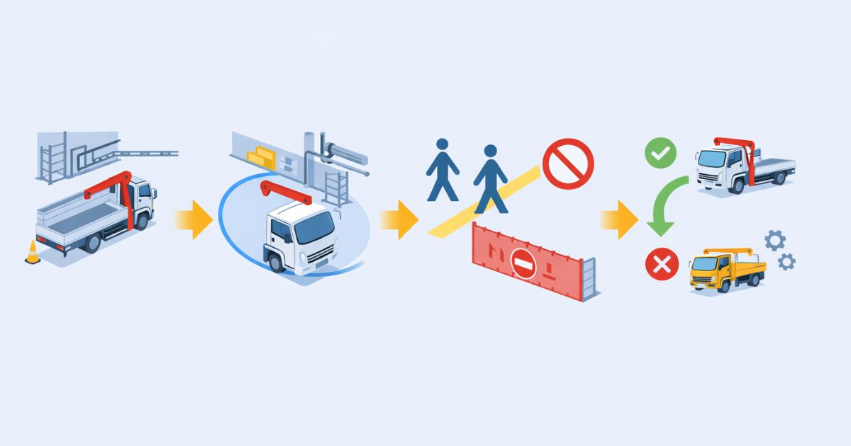 3tユニックの旋回範囲を確認する手順を示した図解