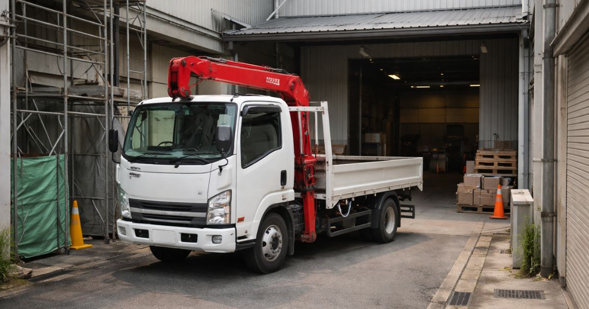 旋回余裕の確認が必要な3tユニックの現場イメージ