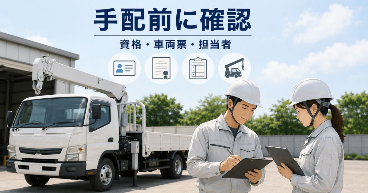 3tユニックの手配前に資格・車両票・担当者を確認している現場イメージ
