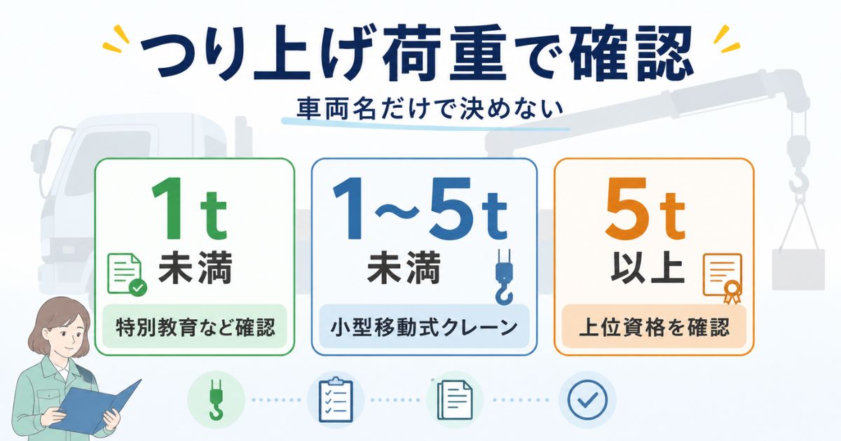 3tユニックのクレーン操作資格をつり上げ荷重1t未満・1t以上5t未満・5t以上で整理した図解