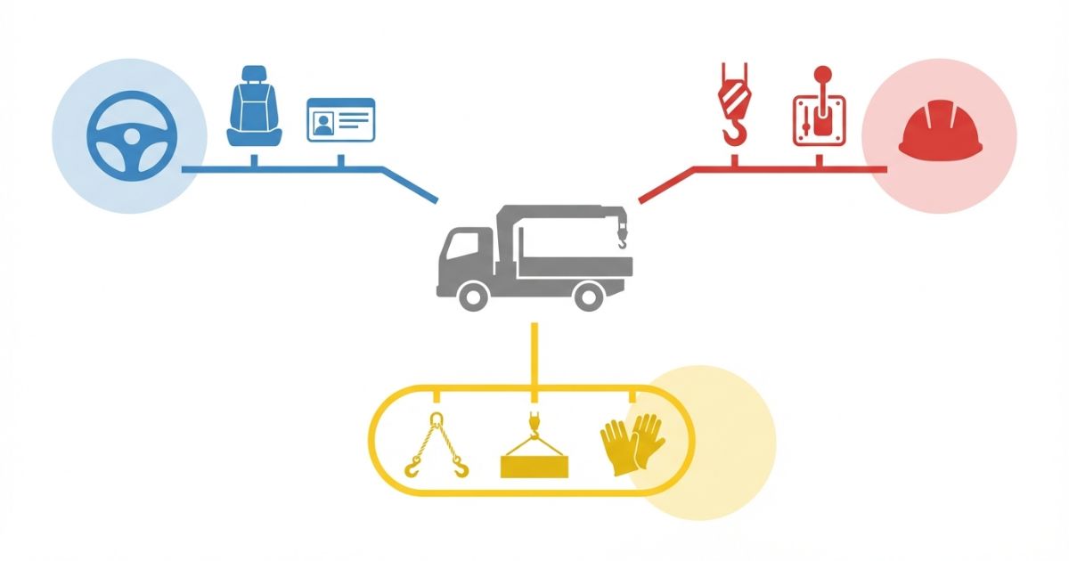 3tユニックで運転・操作・玉掛けの作業が分かれることを示す図解