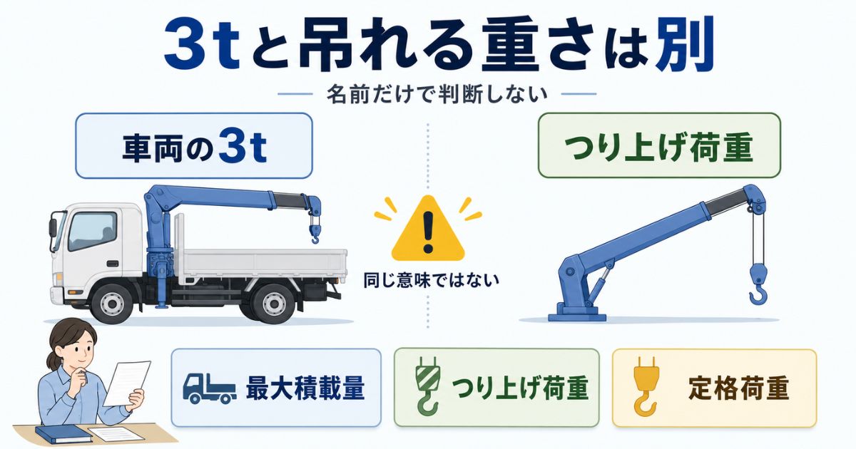 3tユニックの車両の3tとクレーンのつり上げ荷重が別であることを示す図解