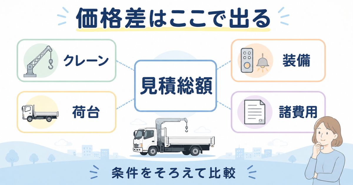 3tユニック新車価格がクレーン仕様や荷台装備や諸費用で変わることを示す図解
