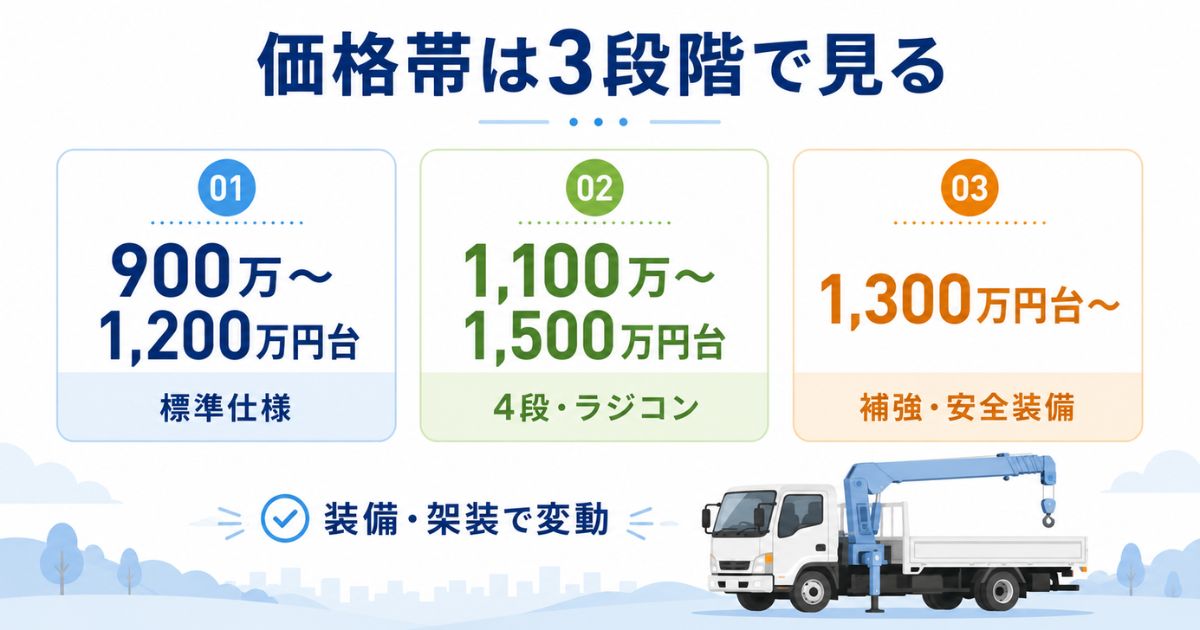 3tユニック新車価格の900万から1500万円台前後の目安を3段階で示す図解