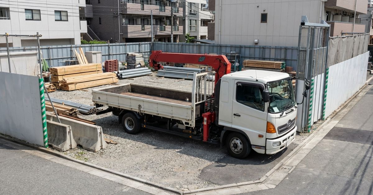3tユニックが現場で取り回しや停車条件を確認しているイメージ