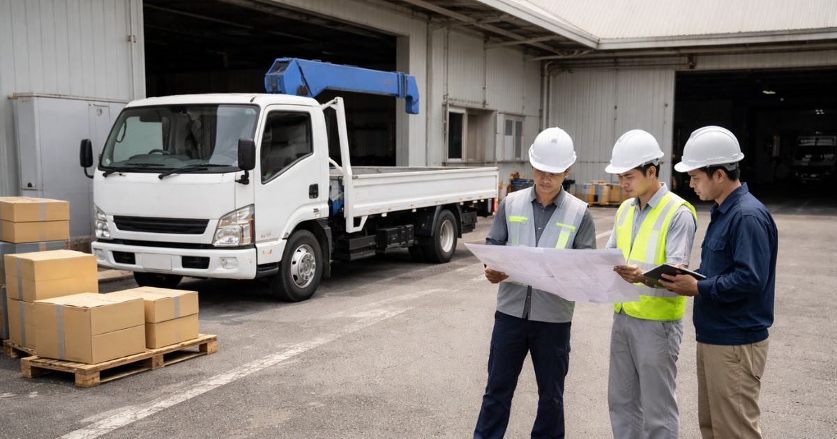 現場条件と荷物条件を確認している3tユニックの実務イメージ