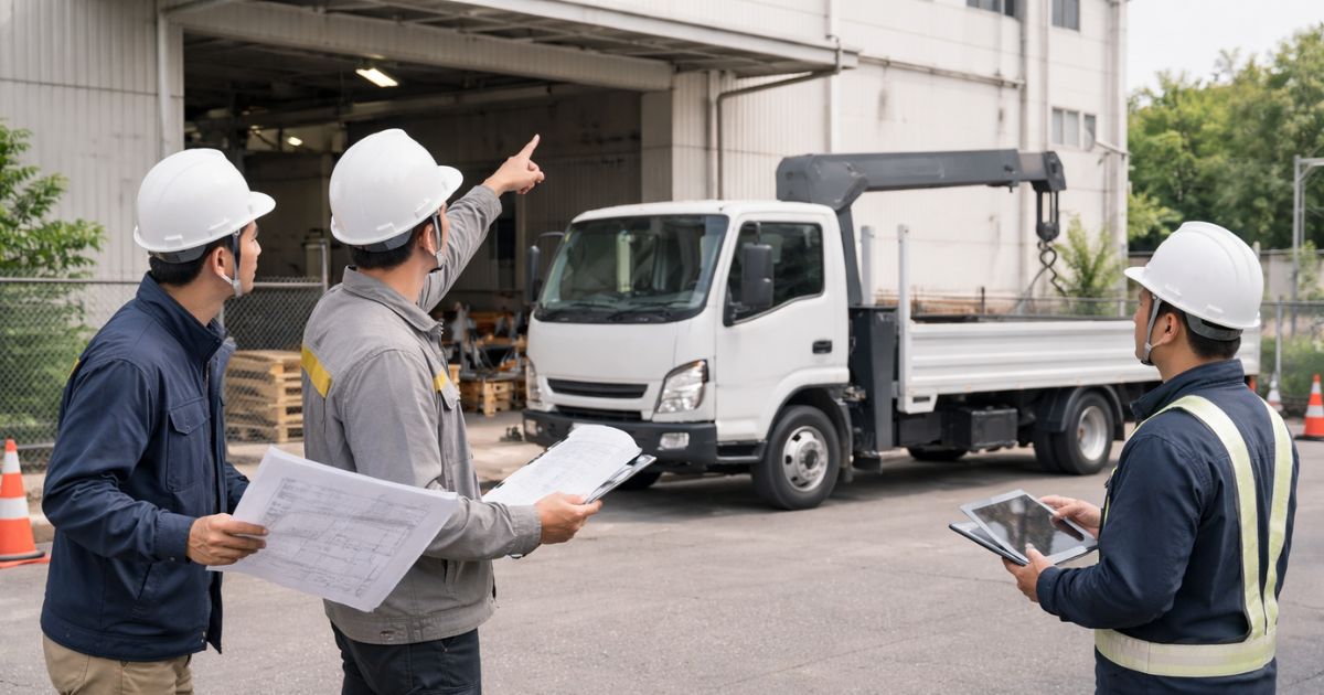 3tユニックの現場条件と車両資料を確認している実務現場のイメージ